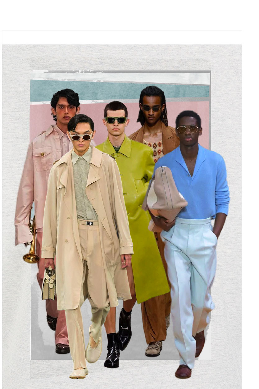 Men's outfit with S/S 2025 trend colors: Transcendent Pink, Panna Cotta, Ice Blue, Sage Green, and Sepia Tone